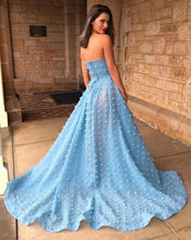 A-Line Strapless Sky Blue Lace High Split Long Prom Dress JKQ126