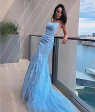 Halter Sky Blue Tulle Lace Appliques Mermaid Long Prom Dresses GJS442