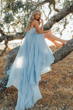 A Line Sky Blue Rustic Chiffon Deep V Neck Slit Prom Dresses Beach Dresses GJS183