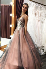 A-line Modest Tulle Appliques V-neck Long Prom Dress JKS6732