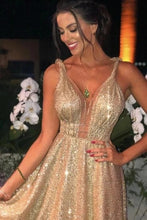 Gold Sequins A-Line V-neck Long Sparkle Prom Dress JKQ103