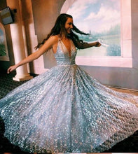 A-line V-neck Silver Sparkle Prom Dress Formal Evening Gowns JKQ134