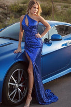 Sexy One Shoulder Royal Blue Ruffles Split Mermaid Evening Dresses GJS185