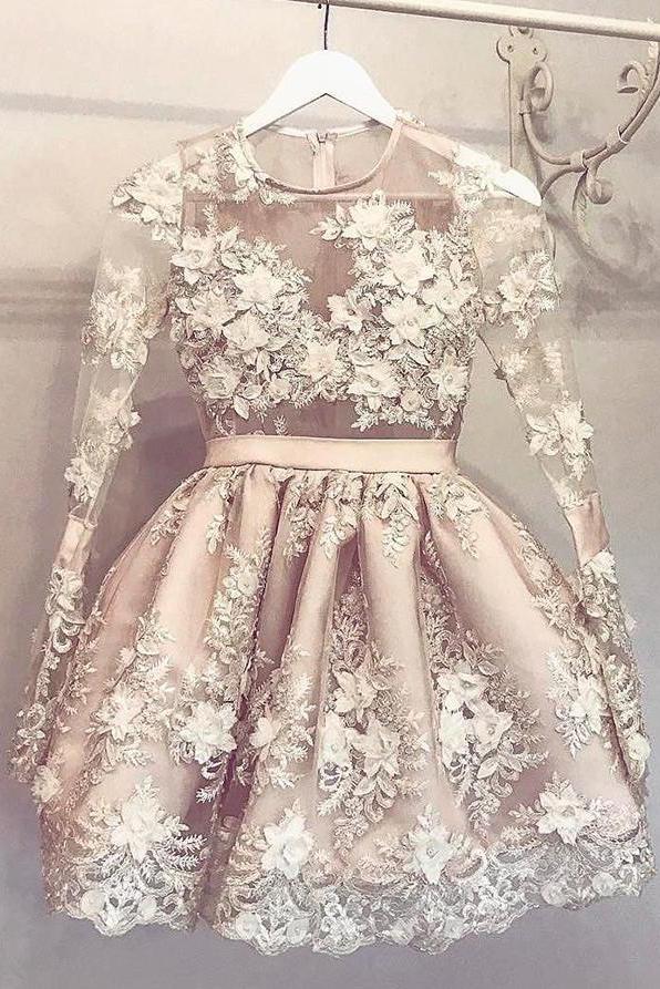 Cute Long Sleeve Homecoming Dress Hand-Made Flower Short Prom Dress Party Dress ANN289