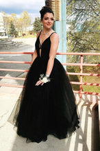 A-Line V-neck Black Tulle Long Prom Dress Formal Evening Gowns JKS6735