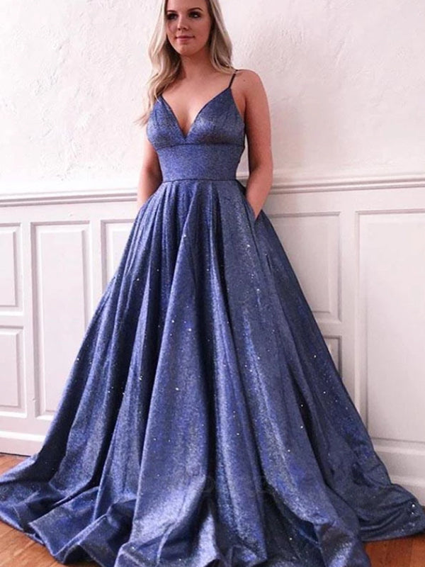 A-line Deep V neck Spaghetti Straps Sparkle Prom Dress with Pockets JK –  Anna PromDress
