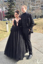 A-Line V-neck Black Tulle Long Prom Dress Formal Evening Gowns JKS6735