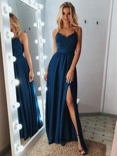 A-line V-neck Spaghetti Straps Appliques Long Prom Dress JKL308