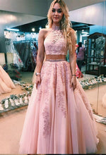 A-line High Neck Pink Tulle Appliques Two Piece Prom Dress JKQ104