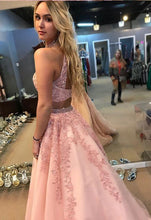 A-line High Neck Pink Tulle Appliques Two Piece Prom Dress JKQ104