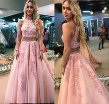 A-line High Neck Pink Tulle Appliques Two Piece Prom Dress JKQ104