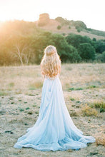 A Line Sky Blue Rustic Chiffon Deep V Neck Slit Prom Dresses Beach Dresses GJS183