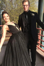 A-Line V-neck Black Tulle Long Prom Dress Formal Evening Gowns JKS6735