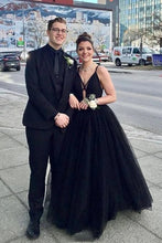 A-Line V-neck Black Tulle Long Prom Dress Formal Evening Gowns JKS6735