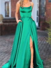 Cheap Simple Spaghetti Straps Elegant Backless Satin Prom Dresses GJS110