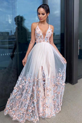 Beautiful A-Line Appliques Deep V Neck Long Evening Prom Dresses GJS373