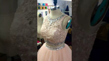 Elegant Lace Crop Top Pink Tulle Ball Gown Quinceanera Dresses Two Piece GJS396