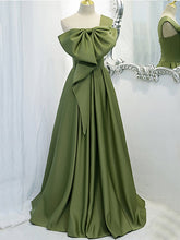 One-Shoulder Sage Green Bow Tie A-Line Long Prom Dress GJS432
