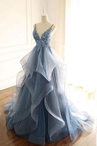 Gorgeous V Neck Spaghetti Straps Dark Blue Prom Dress With Ruffles GJS605