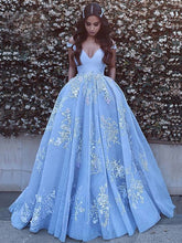 Blue Ball Gown Off-the-Shoulder Applique Tulle Sweep/Brush Train Dresses GJS138
