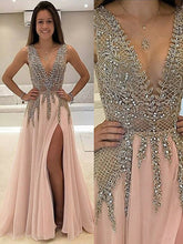 A-Line V-Neck Sleeveless Sweep Train Beading Tulle Prom Evening Dresses GJS118