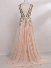 A-Line V-Neck Sleeveless Sweep Train Beading Tulle Prom Evening Dresses GJS118