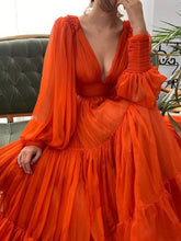 Long Sleeves Rustic Dress, Orange Tulle Dress, Simple Prom Evening Dress GJS310