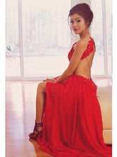 sexy prom dresses,Red A-line Scoop Sweep Brush Train Chiffon Evening Dress Prom Dresses SP8287