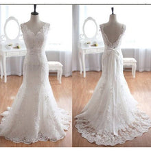 A-line Sweep/Brush Train Lace Backless White Wedding Dresses  SP8141