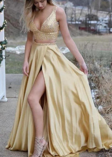 A-Line V-neck Yellow Satin Beaded Long Two Piece Prom Dress JKQ118|Annapromdress