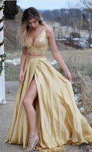 A-Line V-neck Yellow Satin Beaded Long Two Piece Prom Dress JKQ118|Annapromdress