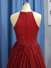 A Line Red Halter Shiny Long Prom Dresses GJS637