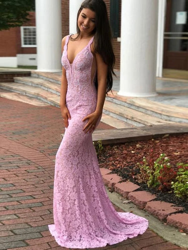 Pink Lace Sheath/Column Prom Dress V-Neck Long Evening Gowns JKS8826