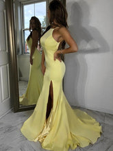 Sexy Halter Light Yellow Backless Side Slit Mermaid Long Evening Prom Dress GJS280