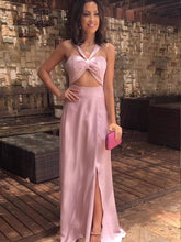 Pink Halter Sweetheart Side Slit A Line Long Evening Prom Dresses GJS219