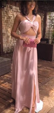Pink Halter Sweetheart Side Slit A Line Long Evening Prom Dresses GJS219