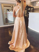 Pretty V Neck Criss Cross Open Back Satin A Line Long Evening Prom Dresses GJS441