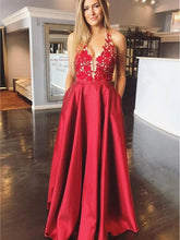 Red Satin Appliques V-neck A-Line Long Prom Dress with Pockets JKS8827