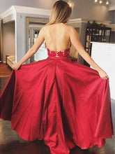 Red Satin Appliques V-neck A-Line Long Prom Dress with Pockets JKS8827
