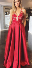 Red Satin Appliques V-neck A-Line Long Prom Dress with Pockets JKS8827