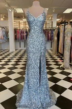 V-Neck Silver Sequin Mermaid Prom Dress With Side Slit GJS627