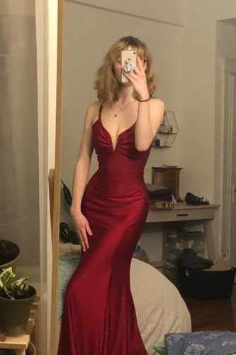 Burgundy Spaghetti Straps Mermaid Long Prom Evening Dress GJS601