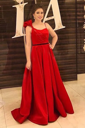 A-line Scoop Sweep Train Red Prom Dress with Sash Bowknot Pleats GJS671