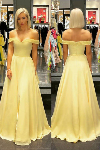 Yellow Off Shoulder A Line Chiffon Sweetheart Daffodil Long Prom Dresses GJS645