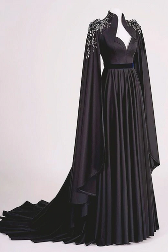 Satin Muslim Prom Dress with Cape High Neck A Line Beaded Evening Formal Party Gowns GJS624