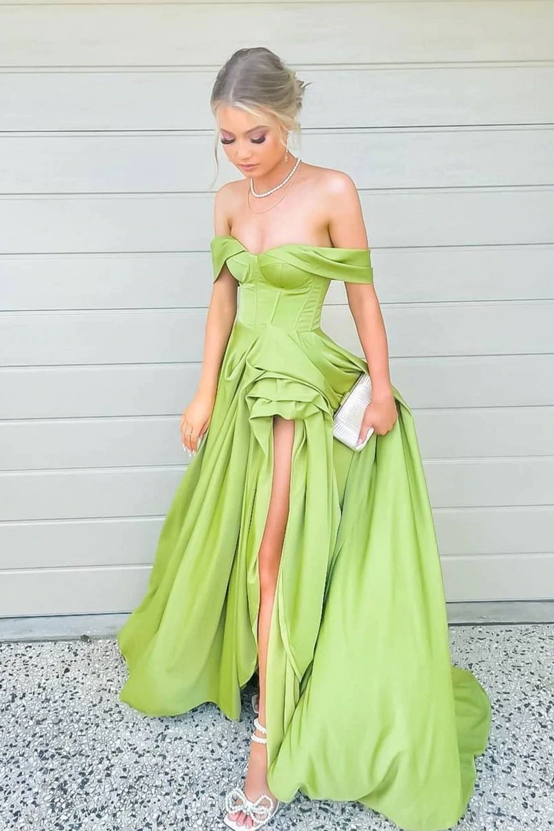 Simple Green Off Shoulder Satin Long Prom Dress GJS676