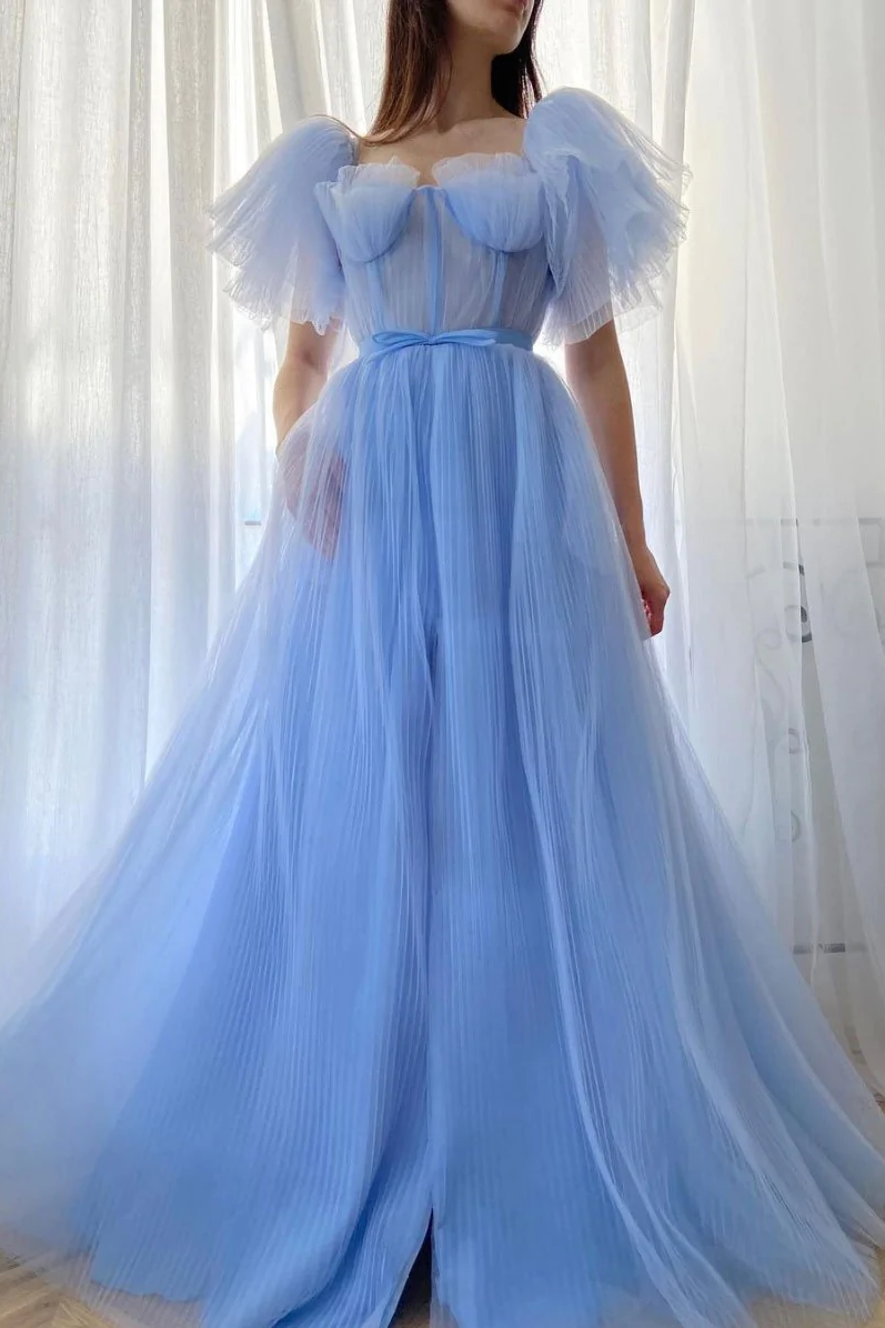 Blue A-line tulle long prom dress, blue tulle formal dress GJS720