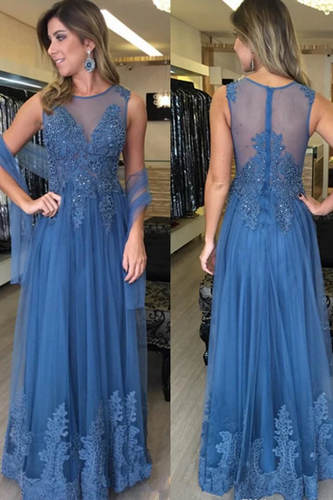 Blue Sleeveless A-line Long Tulle Prom Dress Lace Appliques Women Evening Dress GJS618
