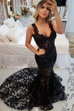 Black v neck lace mermaid long prom dress, black evening dresses GJS713