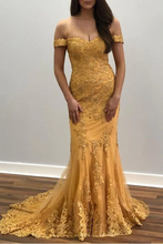 Gold Off Shoulder Sweetheart Lace Sheath Long Prom Dresses GJS639